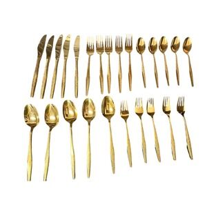 Vintage Florentine Gold Electroplated Flatware Set 25pc Textured Bark Handle MCM